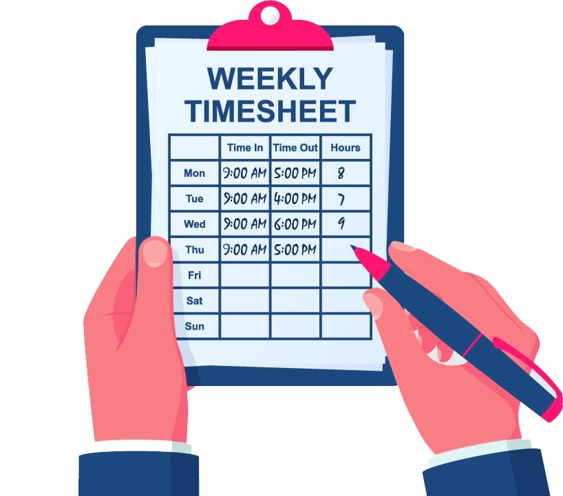 Weekly timesheet. The employee writes down his working hours