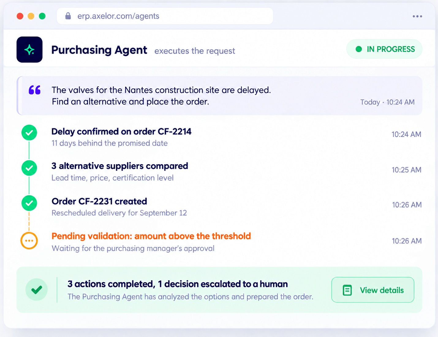Procurement agent in Axelor: the request written in plain language, the actions carried out, and the approval awaited from a human
