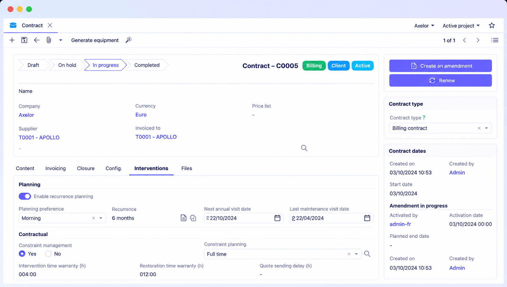 Maintenance contract and recurring visit management in Axelor